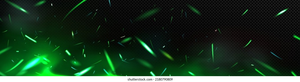 Green fire sparks overlay effect  burning flame and flying particles black background  Abstract burning campfire  magic glow  energy and random embers in air  Realistic 3d vector illustration