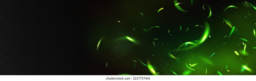 Green fire sparks overlay effect, burning flame with flying particles on transparent background. Abstract burning campfire, magic glow, energy with random embers in air, Realistic vector illustration