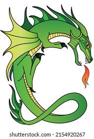 Green fire-breathing dragon - vector full color picture with a mythological creature. Dragon curved in the shape of the letter C