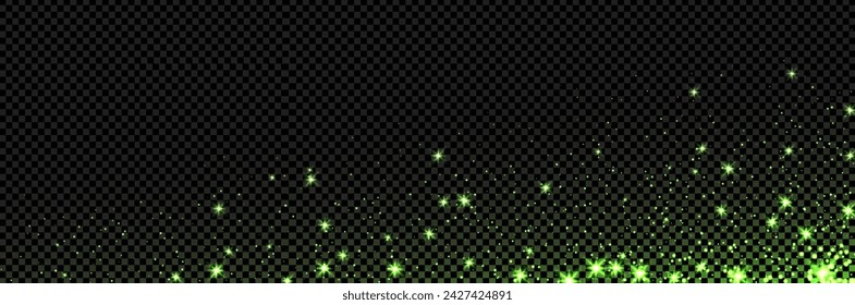 Green firefly light vector magic effect. Overlay glow and dust sparkle. Shine glitter confetti with stars. 