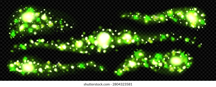 Green firefly sparkle and bokeh glitter overlay background. Butterfly twinkle light with magic pollen trail. Magical defocused starlight bg with abstract neon dot texture. Festive dusty leak shine.