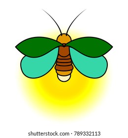 A green firefly with a yellow glow. A simple stylized drawing. Isolated. White background