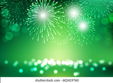 Green firework on city landscape background for St Patrick day celebration