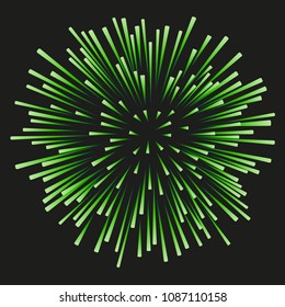 Green fireworks on a black background. Celebration, show, boom, isolated objects, vector illustration