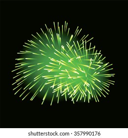 Green fireworks on dark background. Vector illustration.