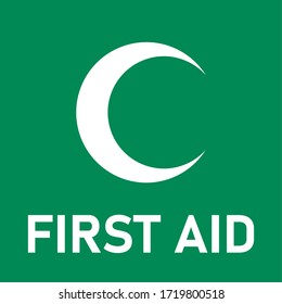 Green First Aid Icon with Crescent or Half Moon Symbol Sign. Vector Image.