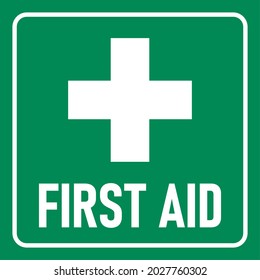 Green First Aid Icon with Cross. Vector Image.