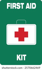 Green First Aid Kit Emergency with Cross Symbol Sign. 