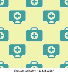 Green First aid kit icon isolated seamless pattern on yellow background. Medical box with cross. Medical equipment for emergency. Healthcare concept. Flat design. Vector Illustration