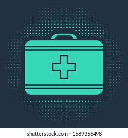 Green First aid kit icon isolated on blue background. Medical box with cross. Medical equipment for emergency. Healthcare concept. Abstract circle random dots. Vector Illustration