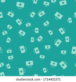 Green First aid kit icon isolated seamless pattern on green background. Medical box with cross. Medical equipment for emergency. Healthcare concept.  Vector Illustration
