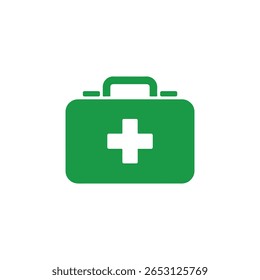 Green first aid kit icon featuring a prominent white cross on its front, set against a clean white background, symbolizing health and medical assistance.