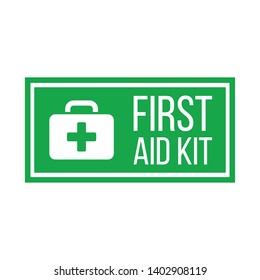 Green First aid kit label or sign. Medical box with cross. Medical equipment for emergency. Healthcare concept. Vector illustration isolated on white background