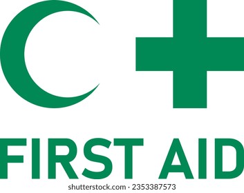 Green First Aid Kit Sign including Crescent or Half Moon and Cross Icon. Vector Image.