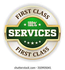 Green first class services badge with gold border on white background