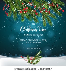 Green fir-tree branches on blue background. Natural design elements. Winter snow background with place for text.