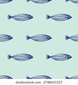 Green fish, blue stripes, turquoise background, seamless nautical textile design