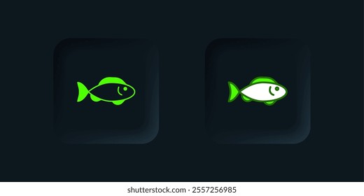 Green Fish icon isolated on black background. Black square button. Vector