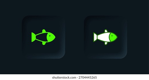 Grüner Fisch-Symbol einzeln auf schwarzem Hintergrund. Schwarzer quadratischer Knopf. Vektorgrafik