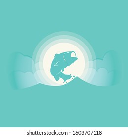 Green Fish Jump From the Water With Light and Clouds Background Vector Illustrator