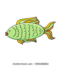 Green fish. Marine theme icon in hand draw style. Cute childish illustration. Icon, badge, sticker, print for clothes