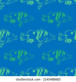 Green fish on a blue background, seamless pattern, texture for fabric design, wallpaper and tile, vector illustration