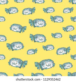 Green fish seamless pattern vector illustration on yellow background. Typography design elements for prints, cards, posters, products packaging, branding.
