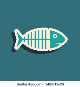 Green Fish skeleton icon isolated on blue background. Fish bone sign. Long shadow style. Vector Illustration