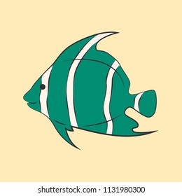 Green fish with white stripes on a pale yellow background. Cartoon. EPS10