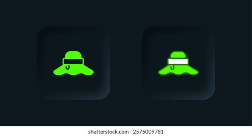 Green Fisherman hat icon isolated on black background. Black square button. Vector