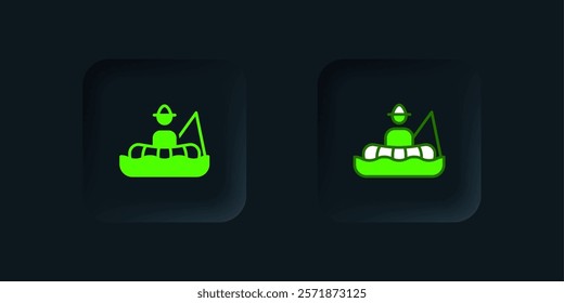 Green Fisherman sitting in a boat and fishing with a rod icon isolated on black background. Black square button. Vector