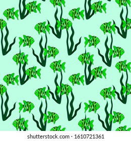 Green fishes swimming among dark-green water plants on light-green background. Seamless pattern. Vector graphics.