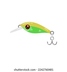 Green fishing bait in shape of fish cartoon illustration. Cartoon drawing of fishing lure with hook, jig in shape of fish isolated on white background. Sport, hobby, gear, recreation concept