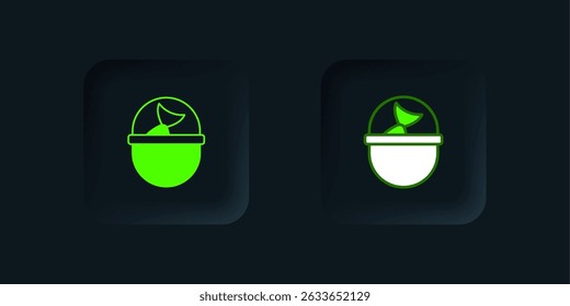 Green Fishing bucket with fish icon isolated on black background. Fish in a bucket. Black square button. Vector