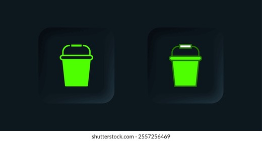 Green Fishing bucket icon isolated on black background. Fish in a bucket. Black square button. Vector