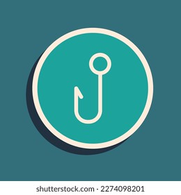 Green Fishing hook icon isolated on green background. Fishing tackle. Long shadow style. Vector