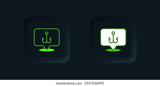 Green Fishing hook icon isolated on black background. Fishing tackle. Black square button. Vector