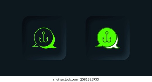 Green Fishing hook icon isolated on black background. Fishing tackle. Black square button. Vector