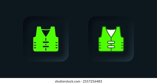 Green Fishing jacket icon isolated on black background. Fishing vest. Black square button. Vector