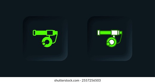 Green Fishing rod icon isolated on black background. Catch a big fish. Fishing equipment and fish farming topics. Black square button. Vector