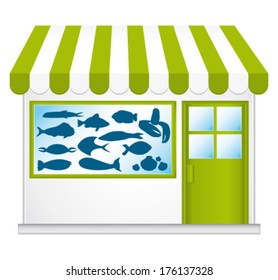 Green fishmonger. Cute little shop. Vector icon.