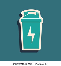 Green Fitness shaker icon isolated on blue background. Sports shaker bottle with lid for water and protein cocktails. Long shadow style. Vector Illustration