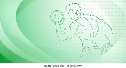 Fondo temático de fitness verde. Ilustración estilizada de un hombre levantando pesas con los brazos flexionados y los músculos definidos.