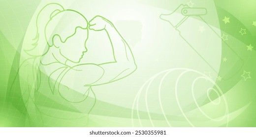 Fondo temático de fitness verde. Gráfico estilizado con la silueta de una mujer en el lado izquierdo, que parece estar levantando pesas o realizando un ejercicio de fuerza.