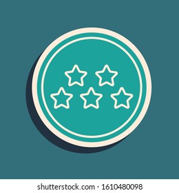 Green Five stars customer product rating review icon isolated on blue background. Favorite, best rating, award symbol. Long shadow style. Vector Illustration