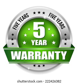 Green five year warranty badge with metallic border and ribbon