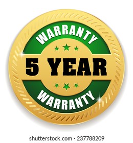 Green five year warranty button with gold border on white background