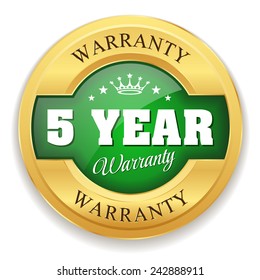 Green five year warranty button with gold border on white background