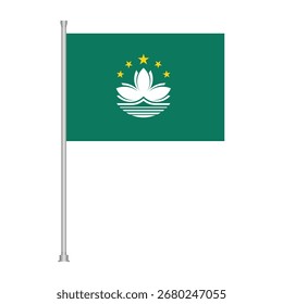 Una bandera verde con una flor de loto blanca y cinco estrellas doradas en un poste blanco, aislado sobre un fondo blanco.