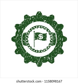 Green flag with money symbol inside icon with rubber seal texture